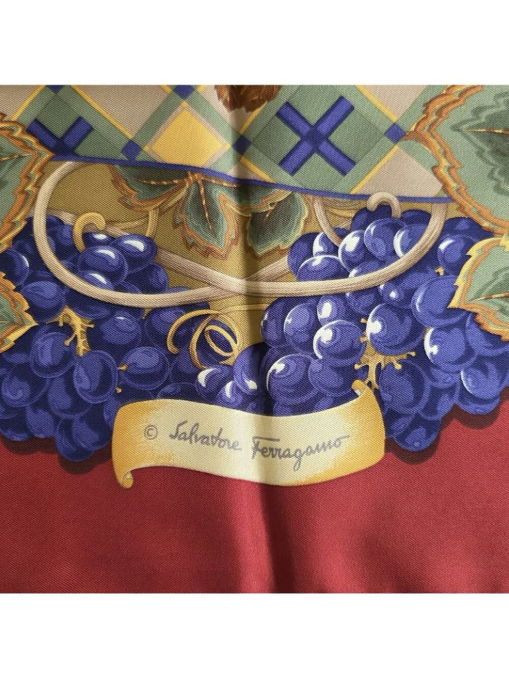 Vtg Salvatore Ferragamo Fox Grape Silk Floral Print Hand Rolled Scarf